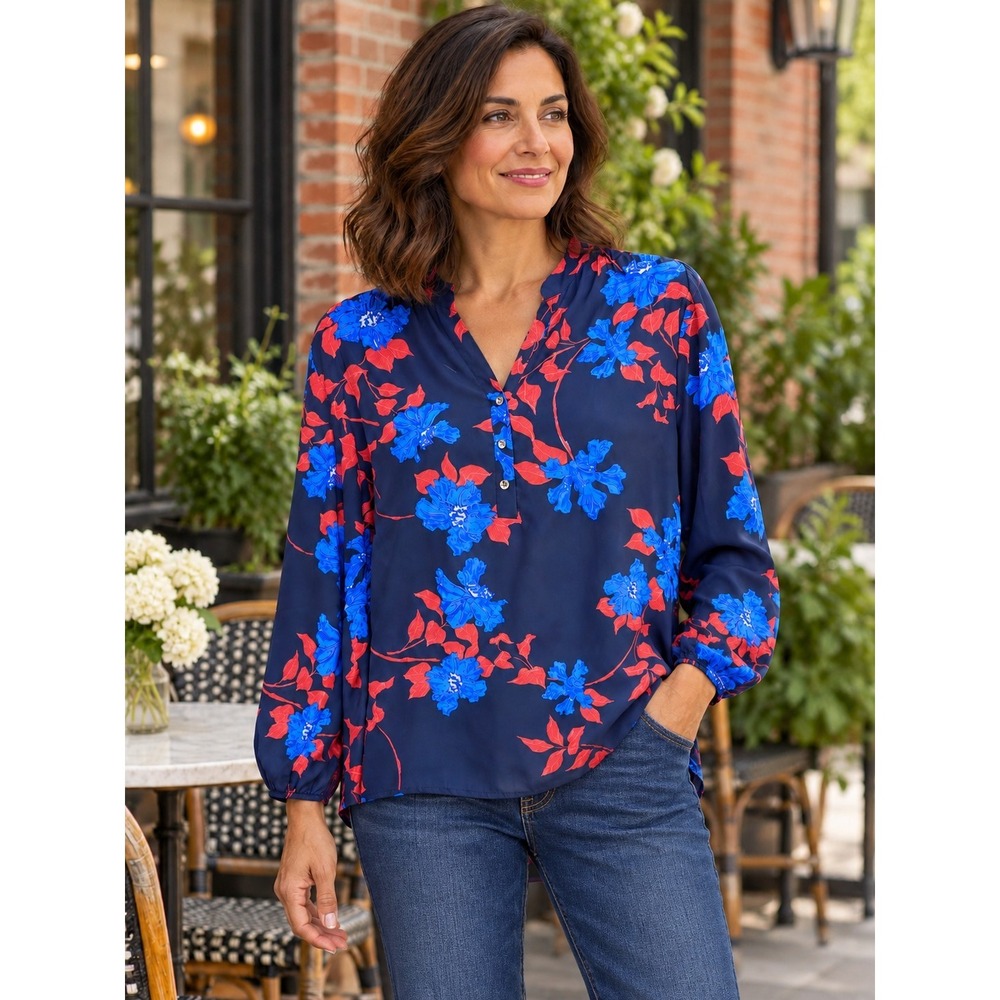 Wishful Perk Floral Button Front Blouse Womens Large Roll Tab Career Office Top
